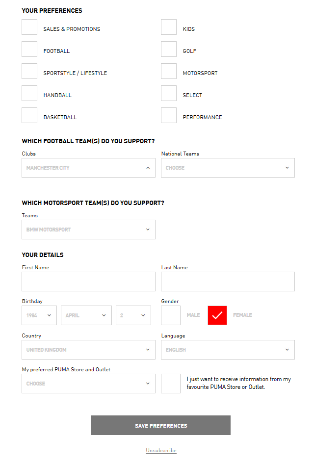 Puma Preference Centre